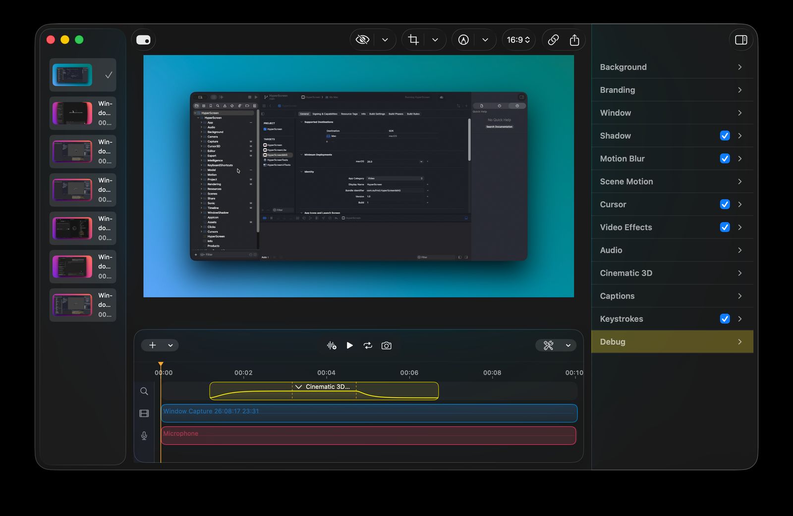 HyperScreen editing a screen recording of Xcode on a teal background, with the timeline and inspector open.